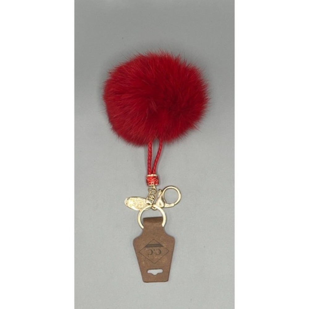 C.C Exclusive Real Fur Ball Pom Pom Key Chain‎ with Gold Tone Clasp Key Ring